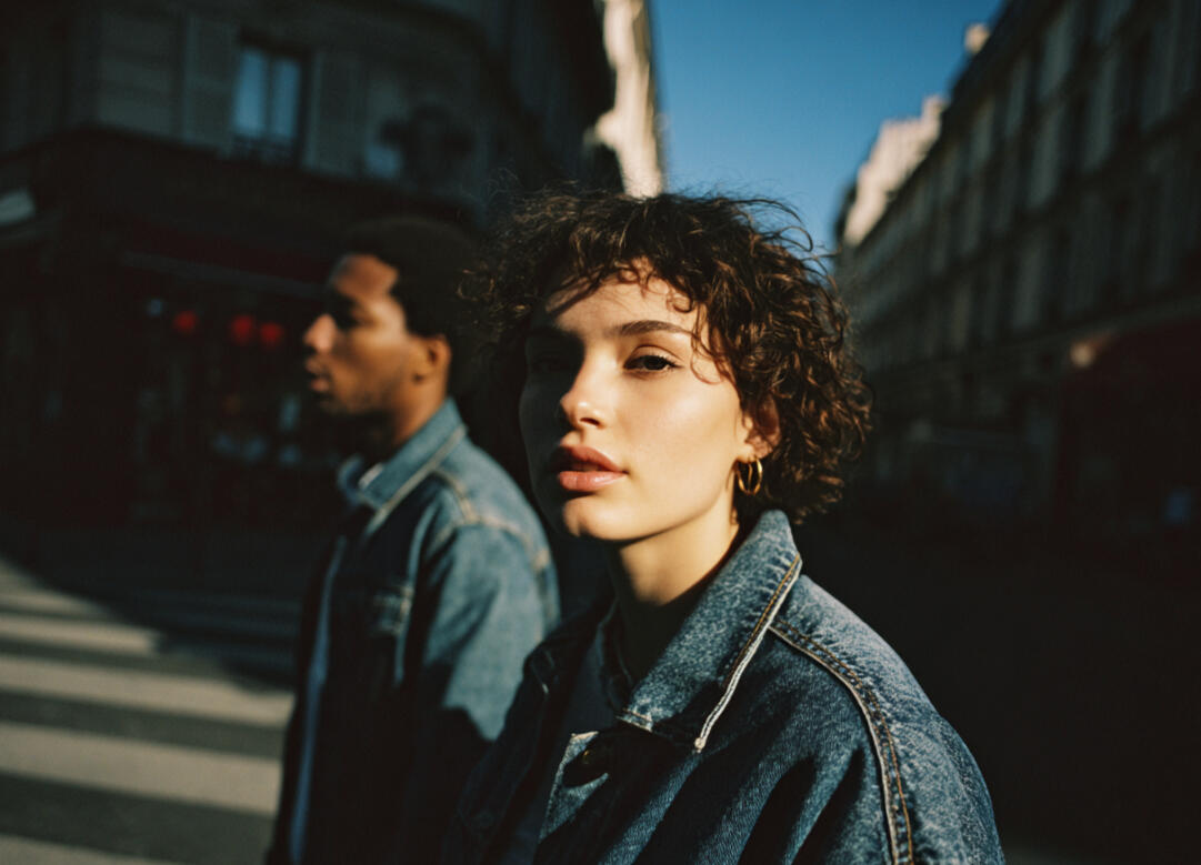 Mdjourney realistic shot of a woman and a man wearing denim jackets
